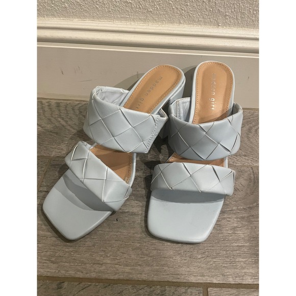 Madden Girl Shoes - Madden Girl Darre Light Blue Woven Double Strap Block Heel Sandals Mules 10M